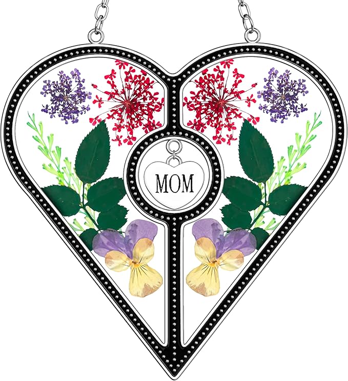 KY&BOSAM Heart Suncatcher Mom Stained Glass for Windows Hangings Wind Chimes with Pressed Flower Heart in Glass with Metal Trim Heart Charm Birthday Gifts for Women Mother`s Day Christams Home Decor