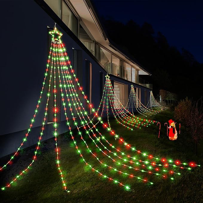BlcTec Outdoor Christmas Decorations, 352 LED Christmas Star Lights with 9 Strands 11.7ft Waterfall Christmas Tree Lights, 8 Modes, Waterproof, Timer for Yard Patio Xmas Dรฉcor, Flowing Red and Green