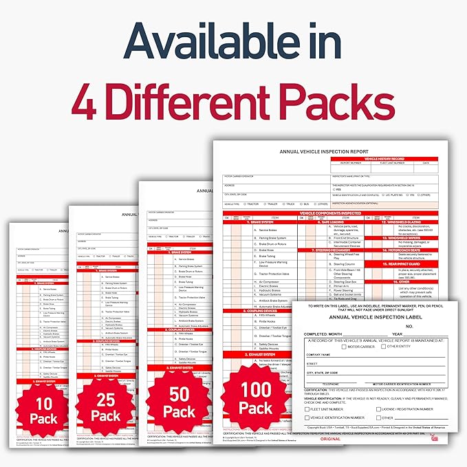 50 Pack 3-Ply Carbonless Annual Vehicle Inspection Report Forms with FMCSA 2-Ply Mylar Laminate Adhesive Vinyl Labels, DOT Inspection Forms and Stickers, Shrink-Wrapped, 8.5" x 11.75" - Made in USA