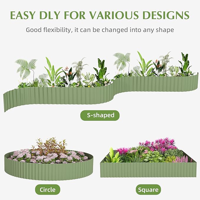 Metal Garden Edging Border, Corrugated Steel Landscaping, DIY for Lawn (Green, 10 Inch x 20FT)