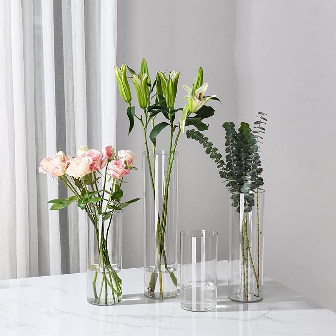 Clear Flower Vase, Non-breakable Vases, 5" W x 8" H, Acrylic Vase, Aesthetic Room Decor Cylindrical Modern Flower Vases for Table Centerpiece, Home Decor, Women Floral Arrangement Gift