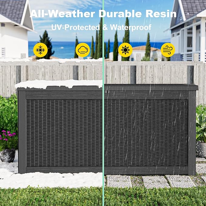 268 Gallon Outdoor Deck Box,Storage Lockable Waterproof Patio Furniture,Garden Tools,Cushions,Pool Accessories Outside Storage Resin Box(Black)