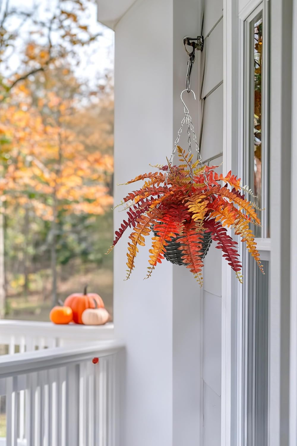 Hollyone Fall Hanging Baskets Small Artificial Fern Orange 21 Leaves Fall Hanging Decor Plant Boston Ferns Silk Plants with Black Rattan Baskets Outdoors Indoor Fake Fern Autumn Decorations for Home