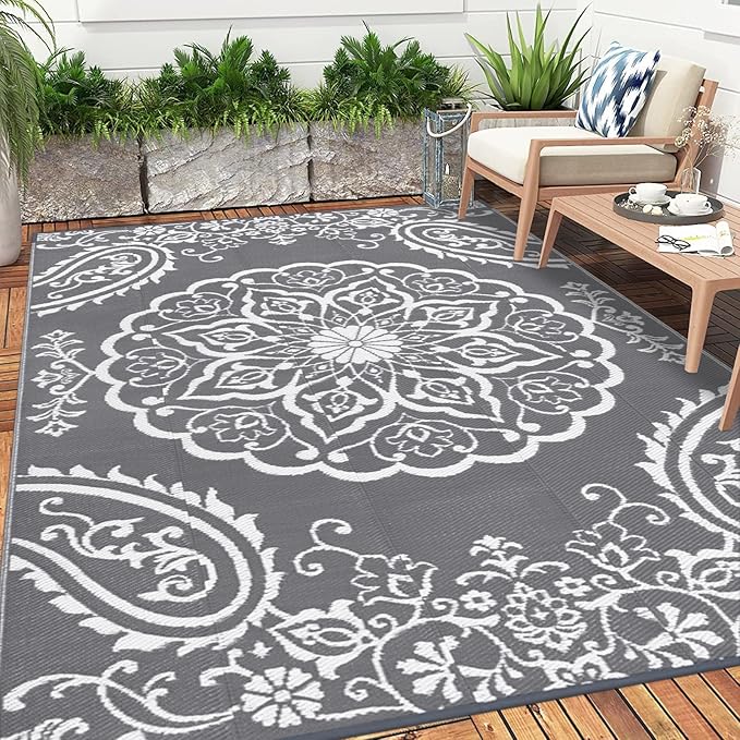 Pauwer Waterproof Outdoor Rug 8x10, Reversible Plastic Straw Patio Camping Rug, Indoor Outdoor RV Mat Carpet for Deck, Camper, Porch, Balcony, Backyard, Picnic, Boho Grey