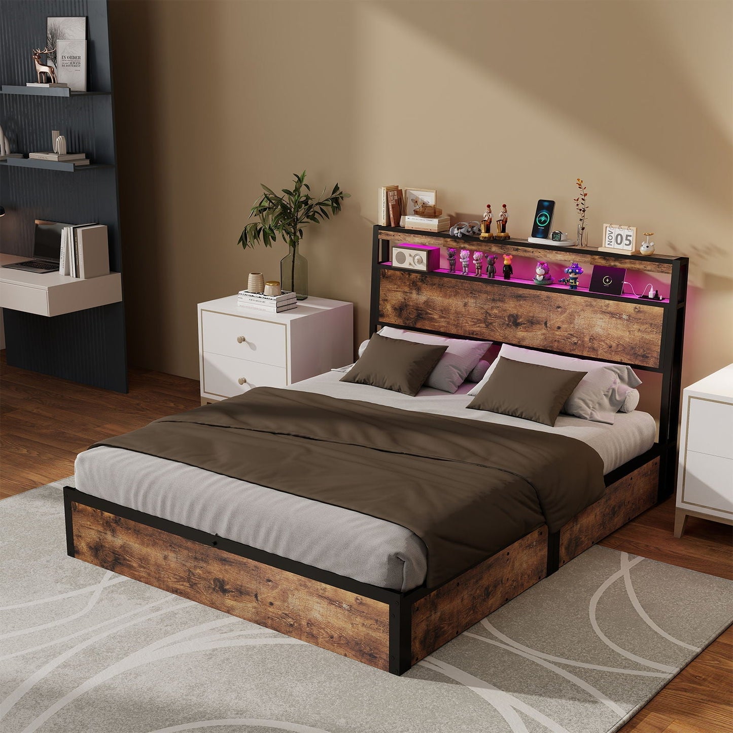 Frame With Hydraulic Lift Storage, RGB LED Lights & Multi-Port Charging, No Box Spring Needed