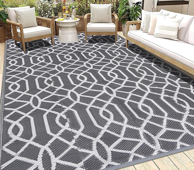 HEBE Outdoor Rug Waterproof 6x9, Reversible Plastic Straw Rug RV Camping Rug, Indoor Outdoor Patio Mat Clearance, Outside Carpet for Porch,Deck,Camper,Balcony,Backyard,Picnic