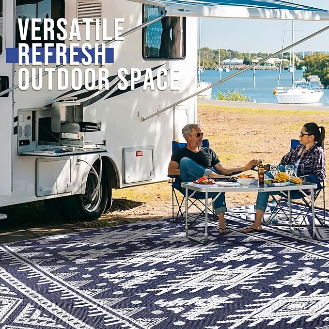 OLANLY Outdoor Rug Waterproof 10x14 ft, Reversible Outdoor Plastic Straw Rug, Boho Patio Rug, Indoor Outdoor Carpet, RV Mat Outside for Patio, Camp, Picnic, Balcony, Deck, Backyard, Navy & White