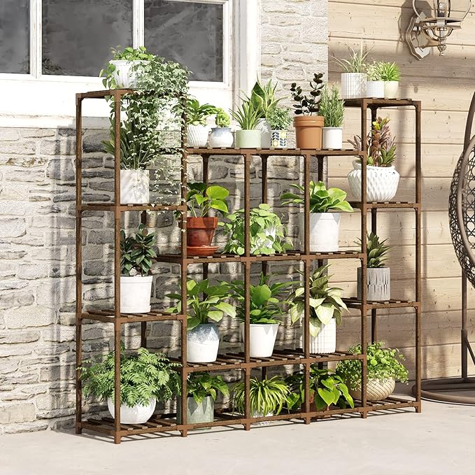 Bamworld Large Plant Stand Indoor Plant Shelf Outdoor Tall Wood Plant Holder for Living Room Multiple Plants Patio Balcony Garden 17 Pots