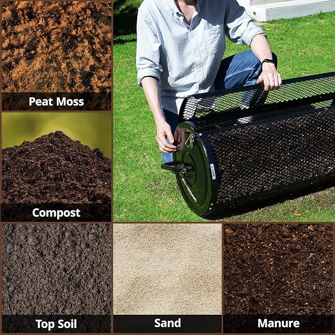 Compost Spreader 30 Inch Peat Moss Spreader with Installation Support Accessories, Metal Mesh Roller Lawn Spreader for Top Soil, Manure, Mulch, Top Dressing - Garden spreaders for lawns