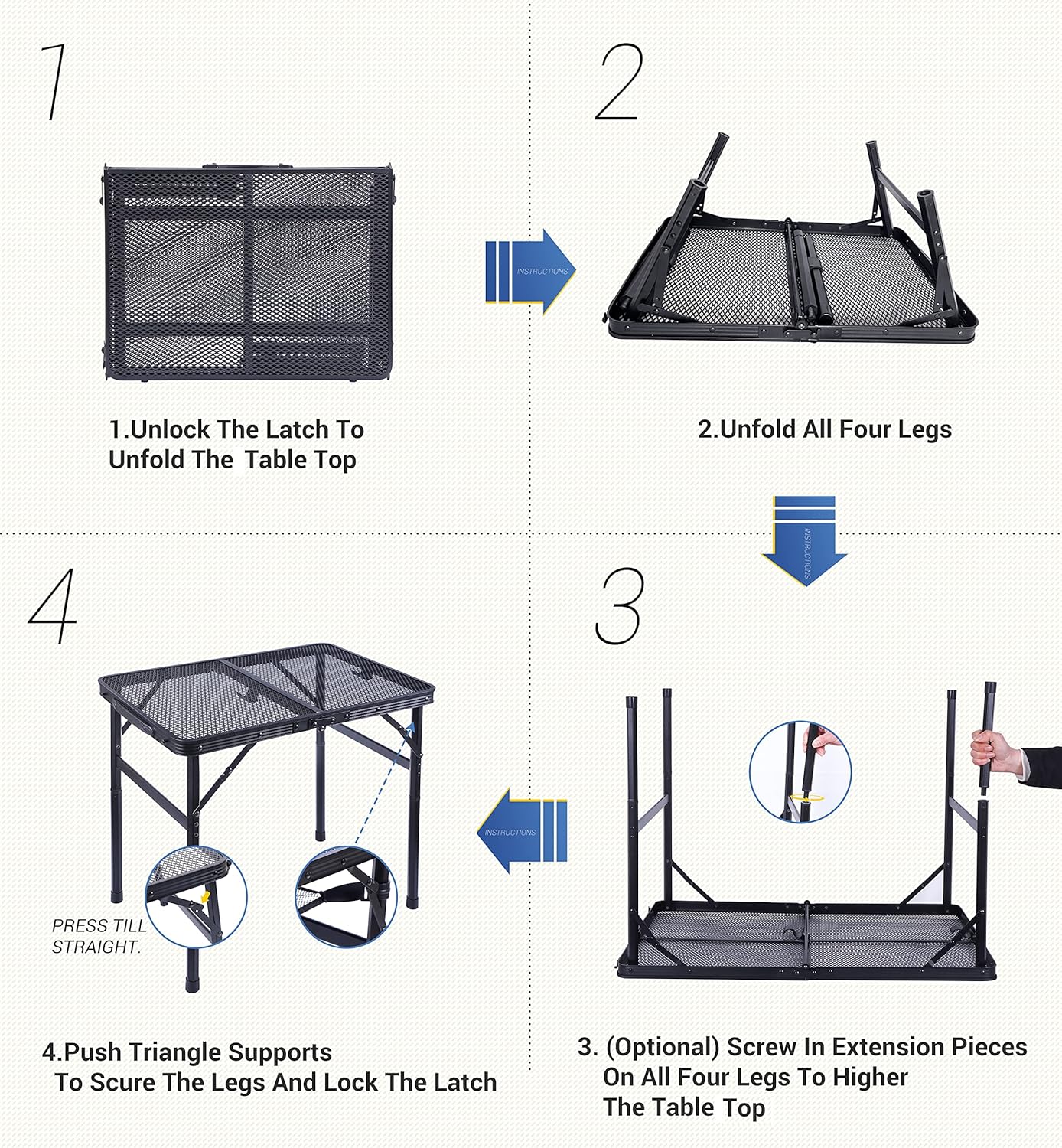 Nice C Table for Grill, Outdoor Table, Camping Table, Outdoor Cooking Table, Picnic Tables, Card Table Adjustable Height, Mesh Bag, Carry Handle (47.3โ x 23.7โ x 14.7โ/24.2โ Black)