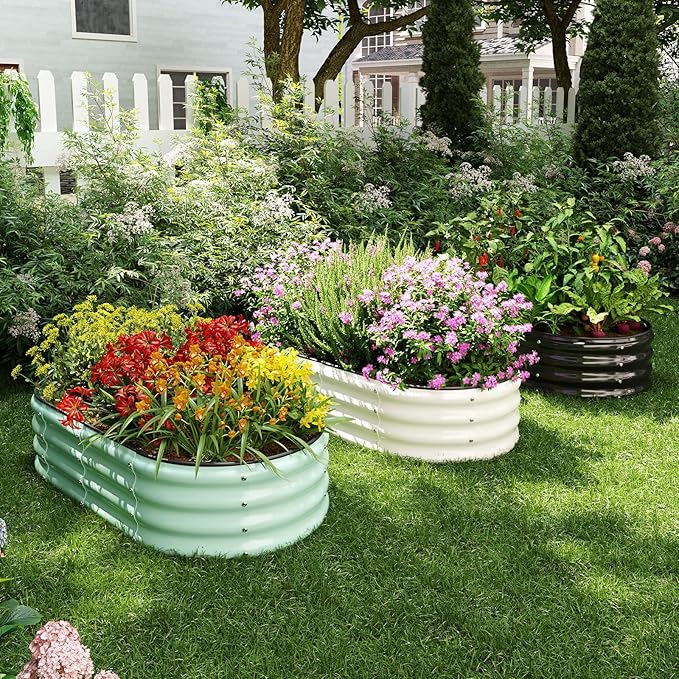 Galvanized Metal Planter Round Raised Garden Bed Kit for Gardening Outdoor,2x2x1ft Grow Garden Box Raised Flower Bed,Round Galvanized Planter Outdoor Metal Fire Pit Ring White