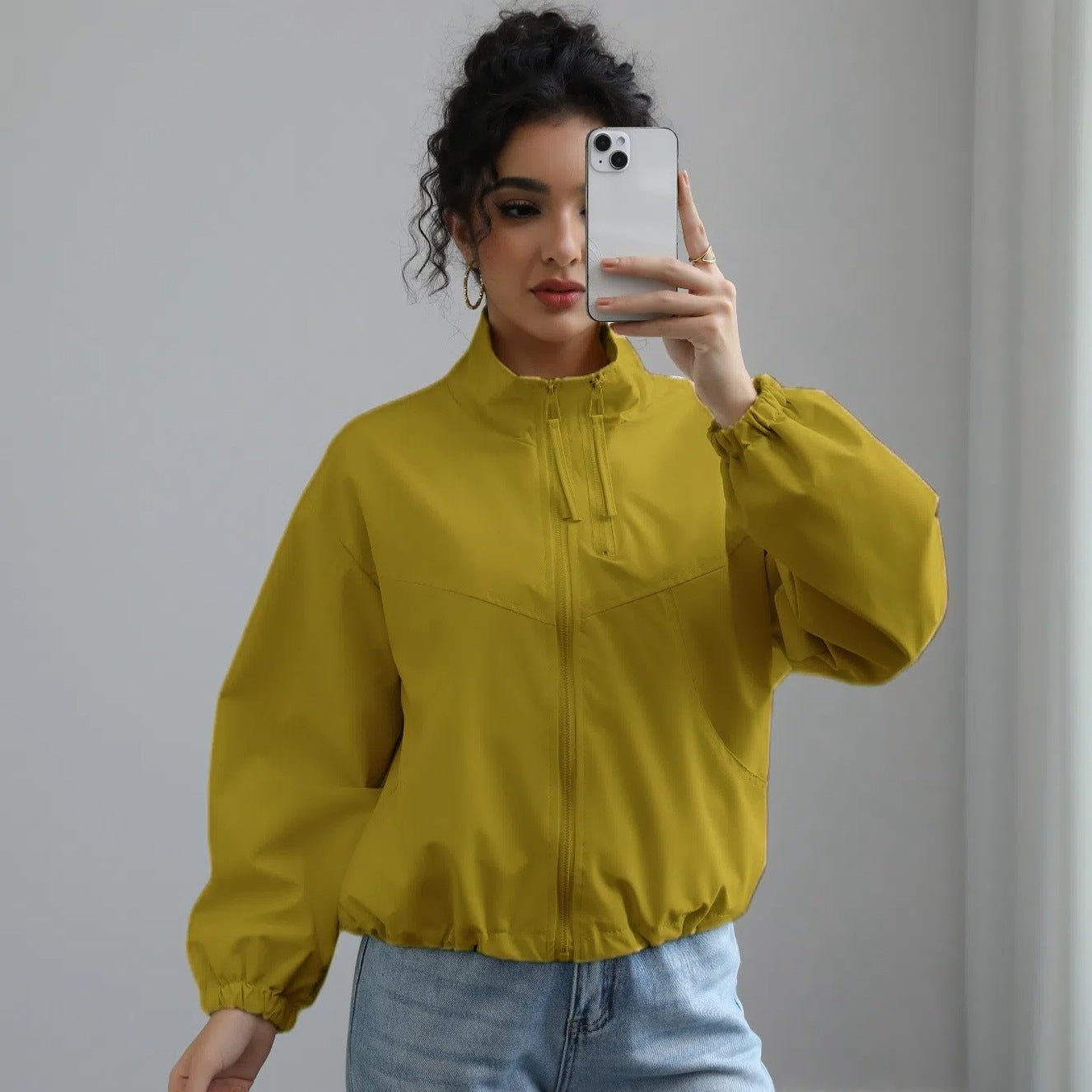 Women's Fashion Waterproof Jacket Short Stand Collar Thin Coat