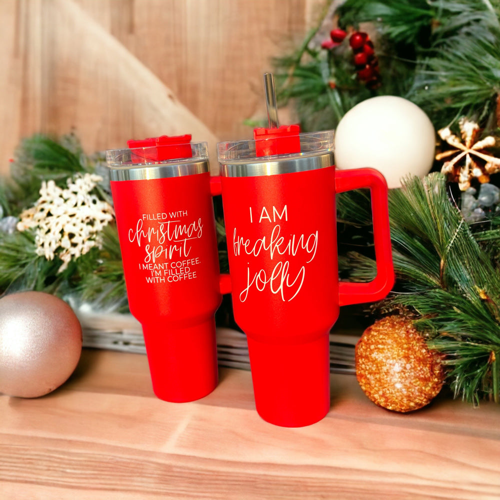 Christmas Coffee Tumbler 40oz Insulated Travel Mug With Handle Lid Straw Red
