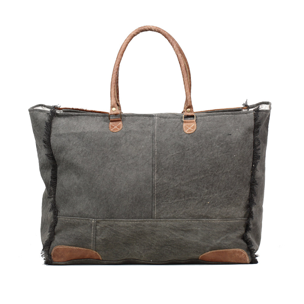 Myra Dakota Trail Hairon Leather Weekender Bag – Handmade Canvas Print with Rustic Fringe Sides & Leather Handles