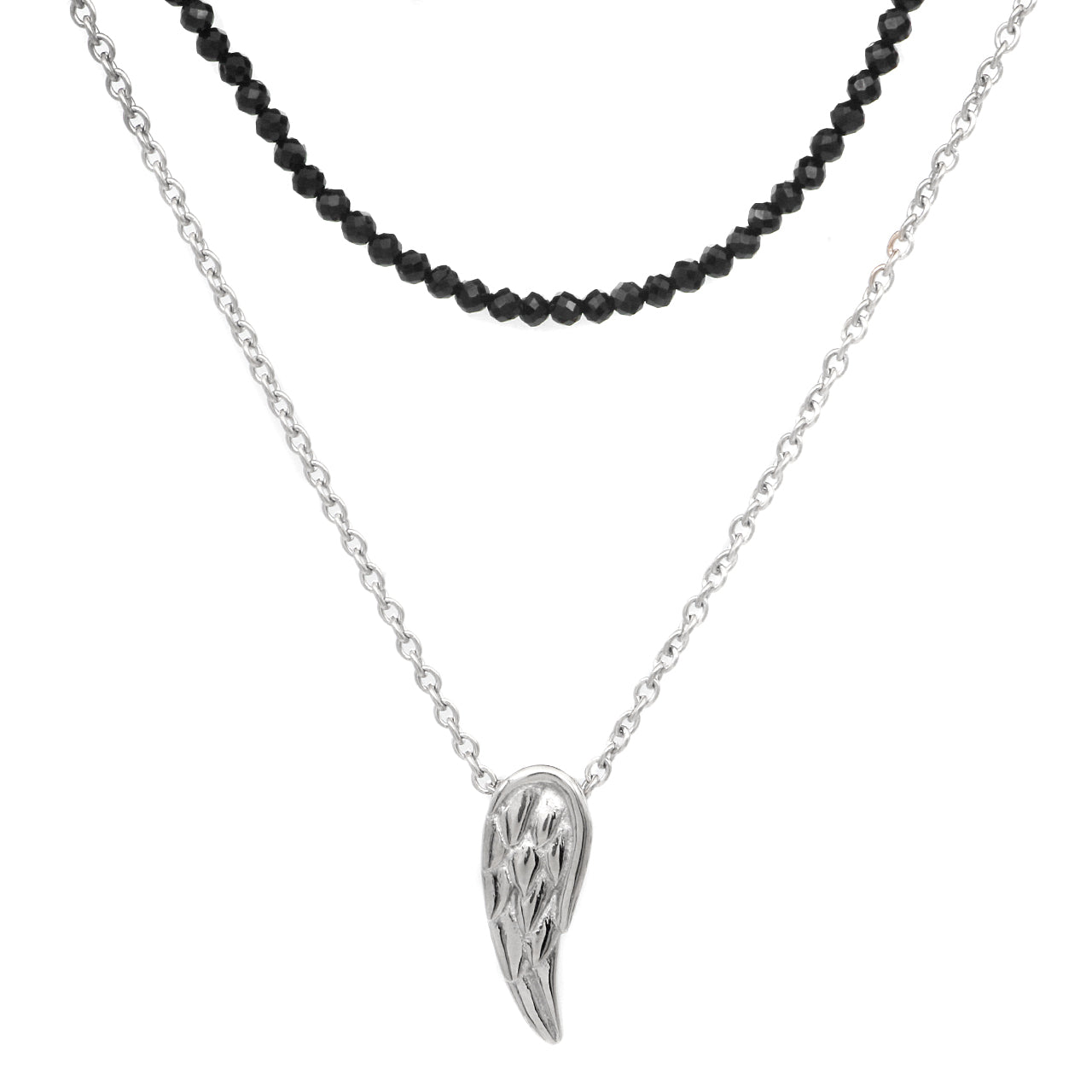 Black Spinel Beaded Double Chain Necklace With Wing Pendant