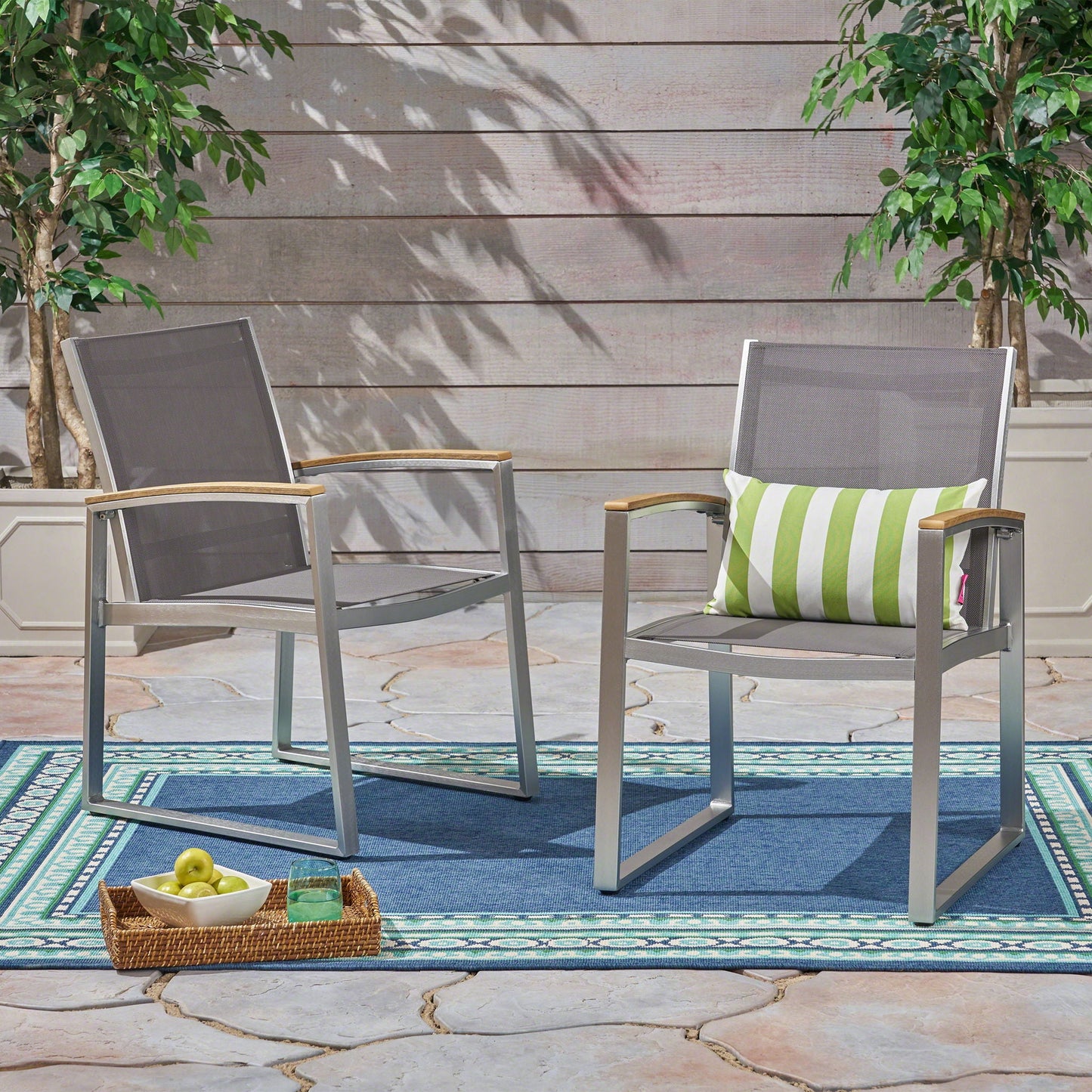 Poetic Outdoor Dining Chair with Faux Wood Arms and Aluminum Frame (Set of 2)