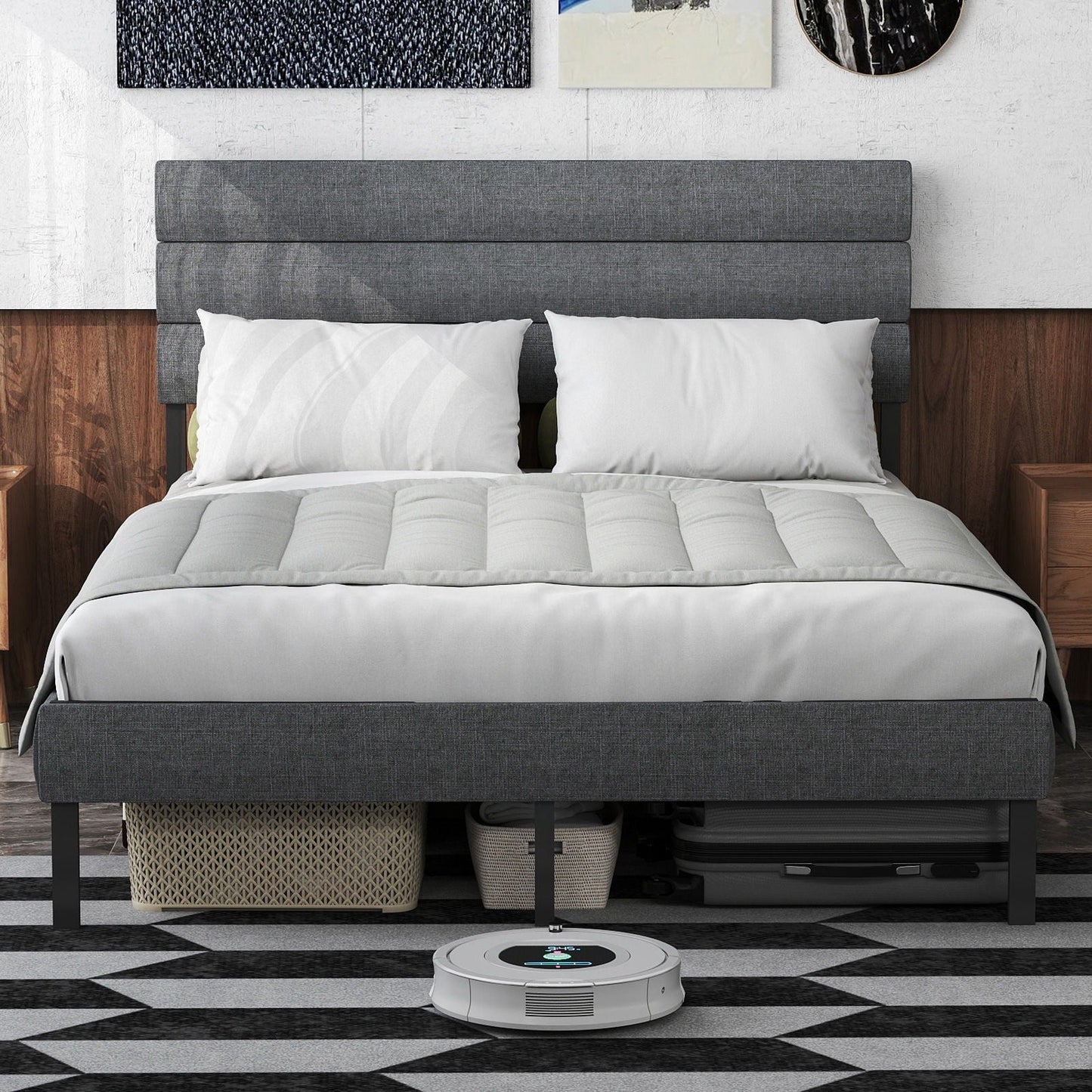 Upholstered Platform Bed Frame With Headboard, No Box Spring Needed, Underbed Storage