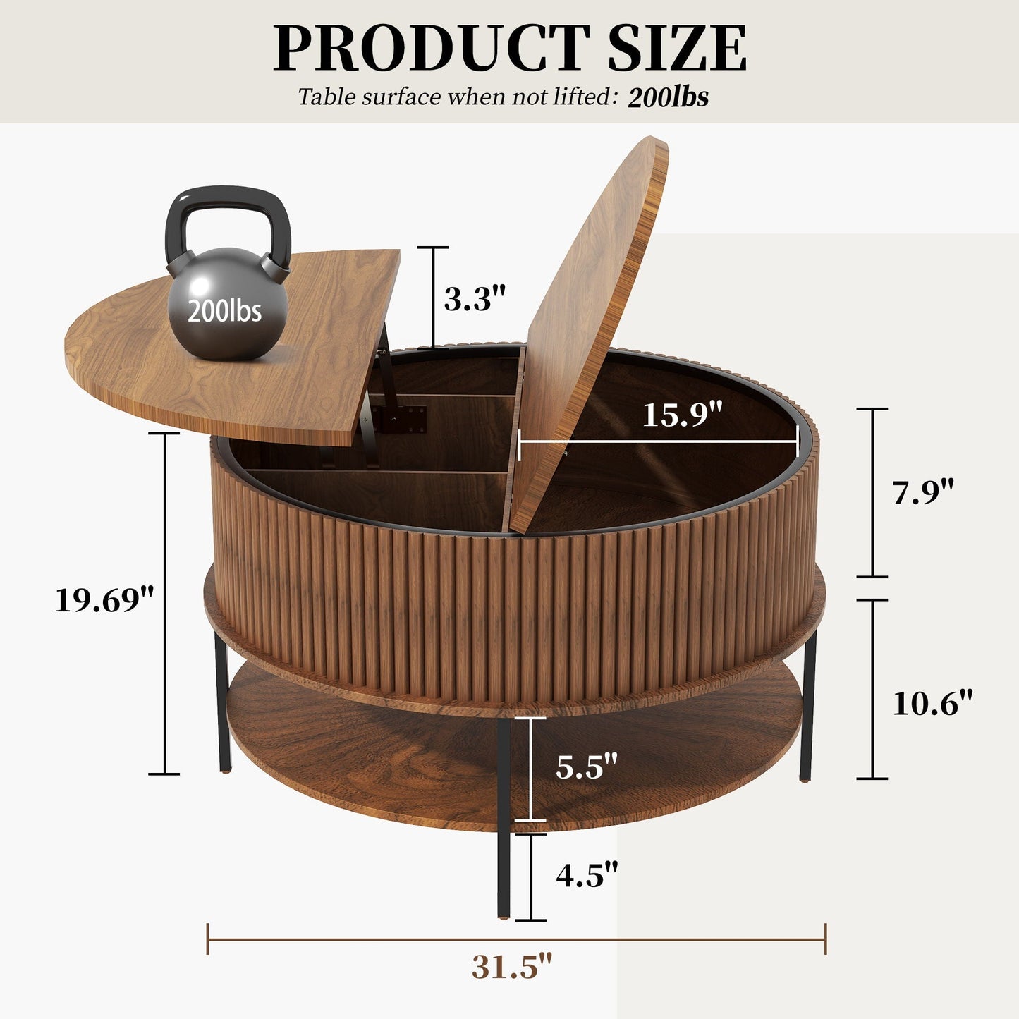 Lift Top Coffee Table with Round Storage and Reinforced Legs - Brown
