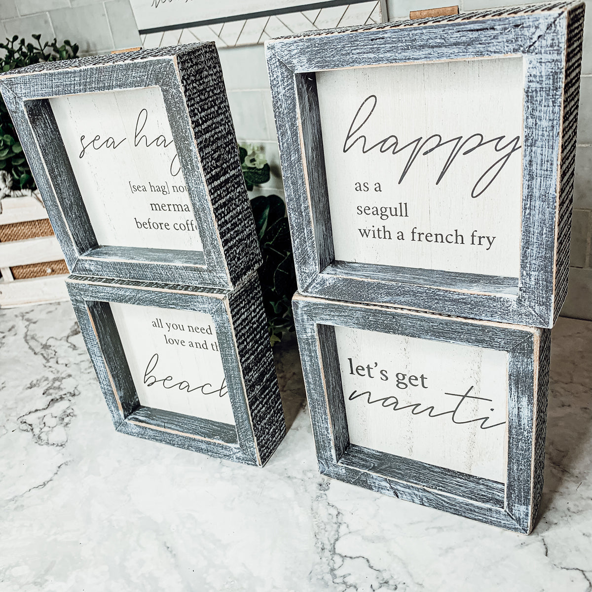 Love And Beach Wooden Sign 5x5 Beach House Wall Decor Distressed Gray Frame