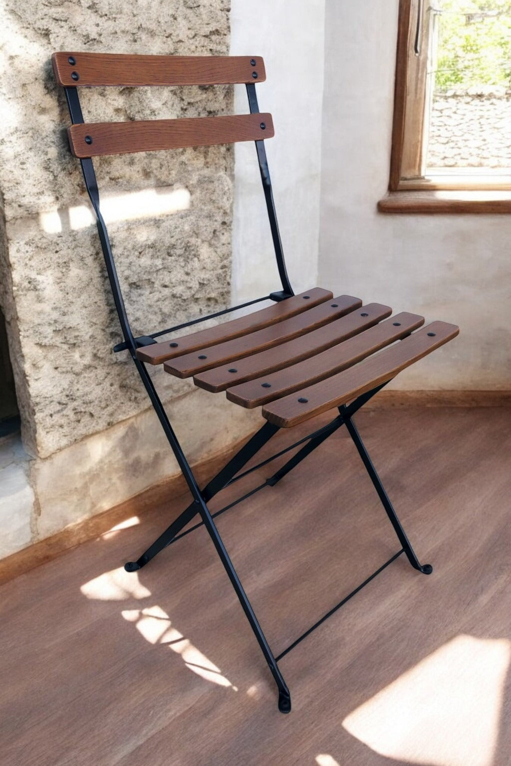 DemarForge Folding Chair 5508 - Stackable - European Chestnut Wood Clear Coated Slats (Set of 2)