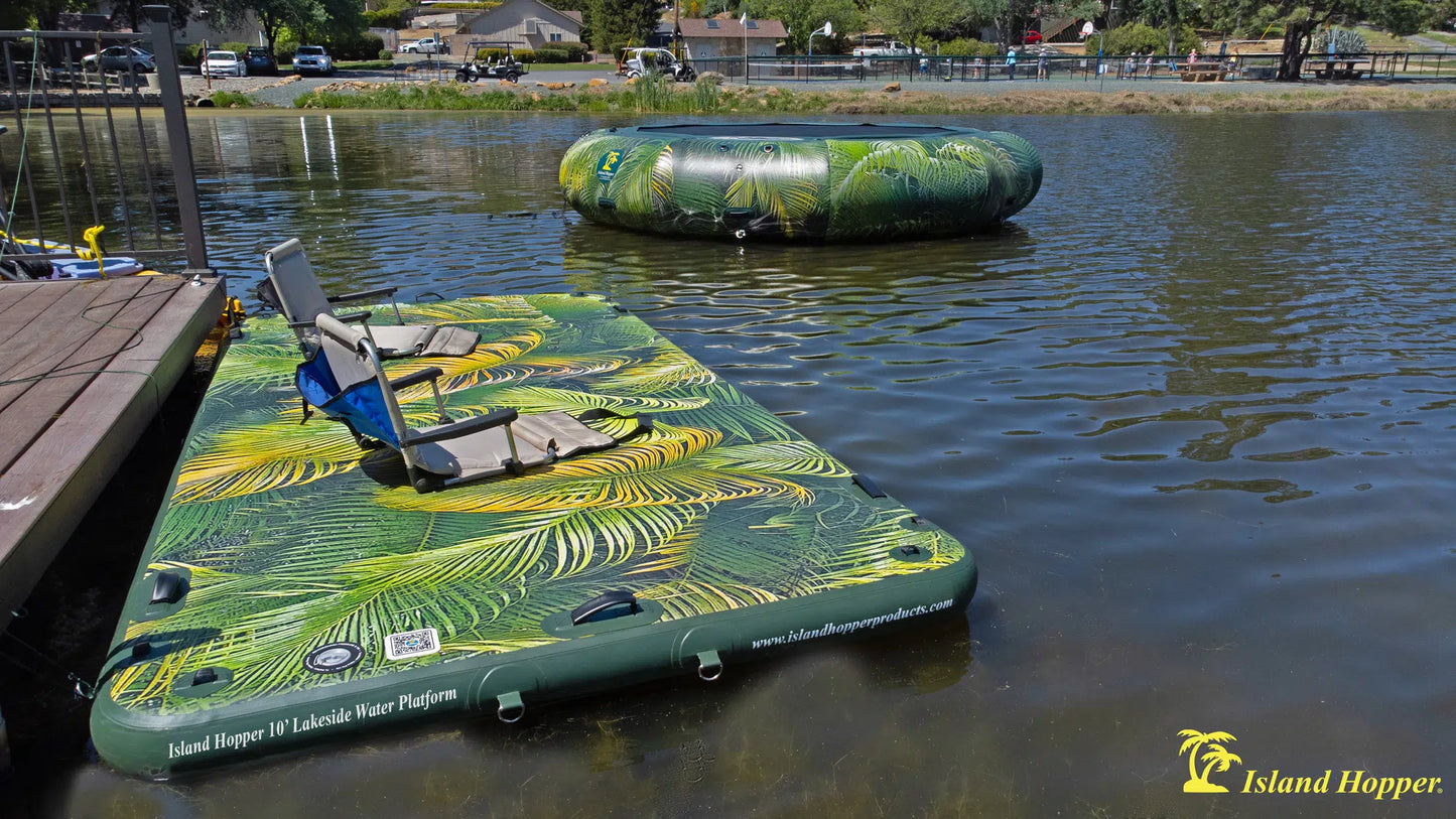 Island Hopper 10′ Lakeside Tropical Graphic Series Inflatable Floating Dock and Bouncer Slide