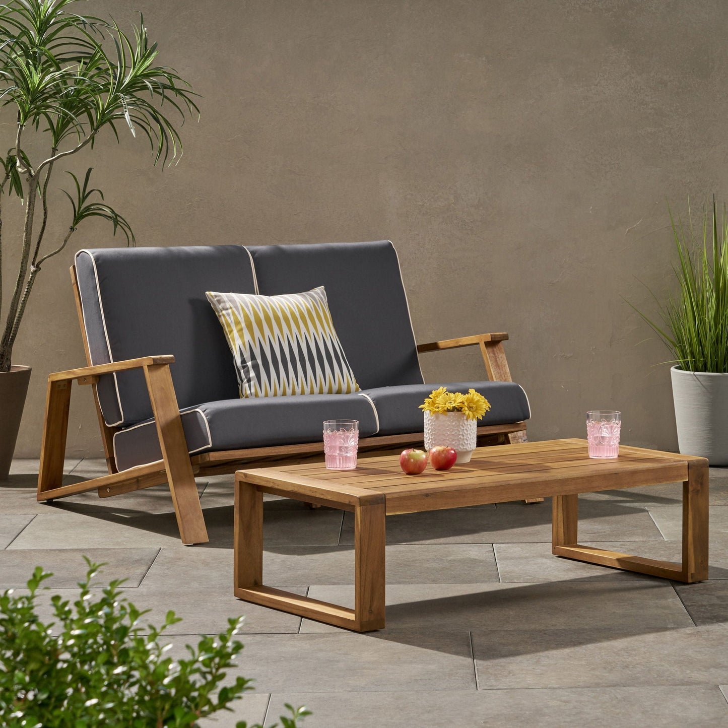 Paloma Contemporary Loveseat and Coffee Table Set with Weather Resistant Cushions