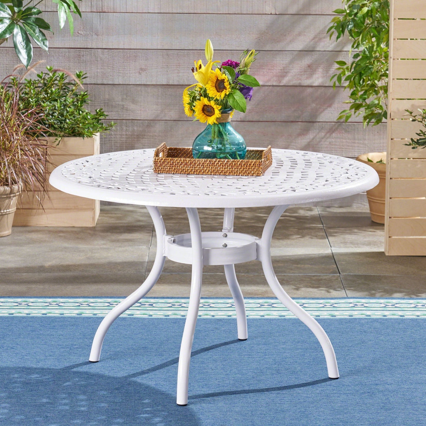 Tranquilius Outdoor Round Dining Table with Lattice Tabletop, Umbrella Hole and Curved Legs