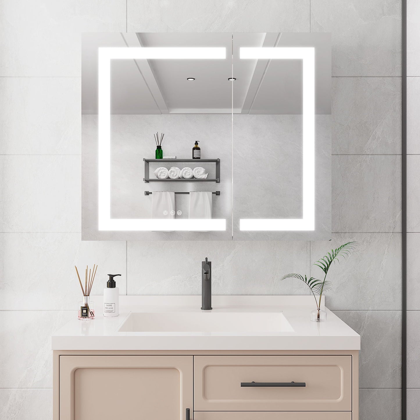 36" X 30" Medicine Cabinet With LED Vanity Mirror, Anti-Fog Recessed Or Surface Mount Bathroom Double Door Large Storage 3000K~6000K Bright Lighted Aluminum Storage Cabinet With Touch Switch - Silver