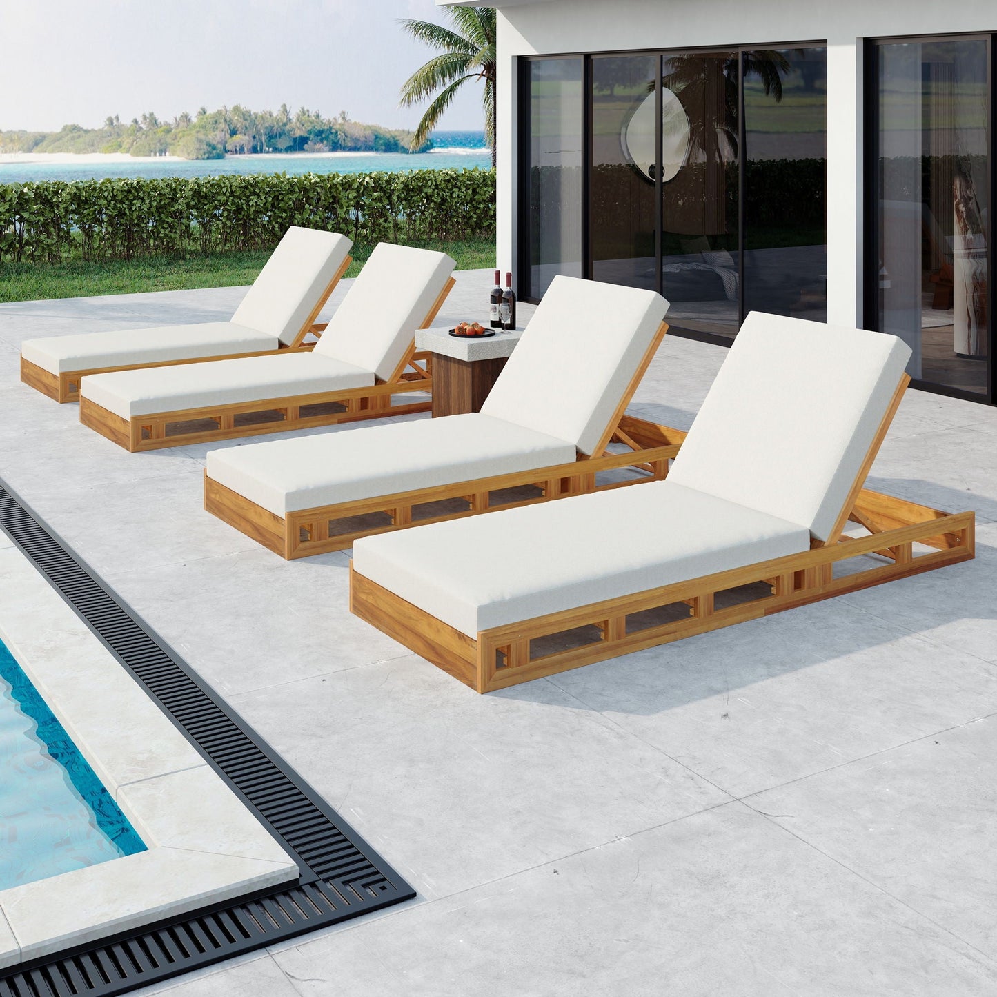 Premium Acacia Wood Lounge Chaise Set With Water Resistant Cushions, Adjustable Recline - Cream / Teak