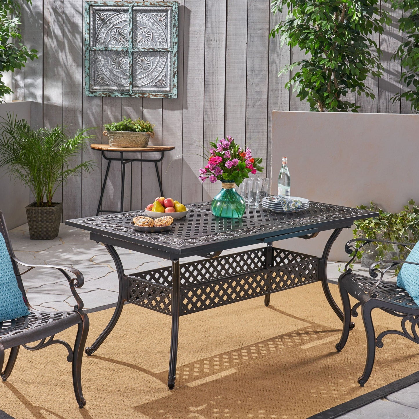 Outdoor Extendable Aluminum Dining Table With Patterned Table Top And Curved Legs - Copper