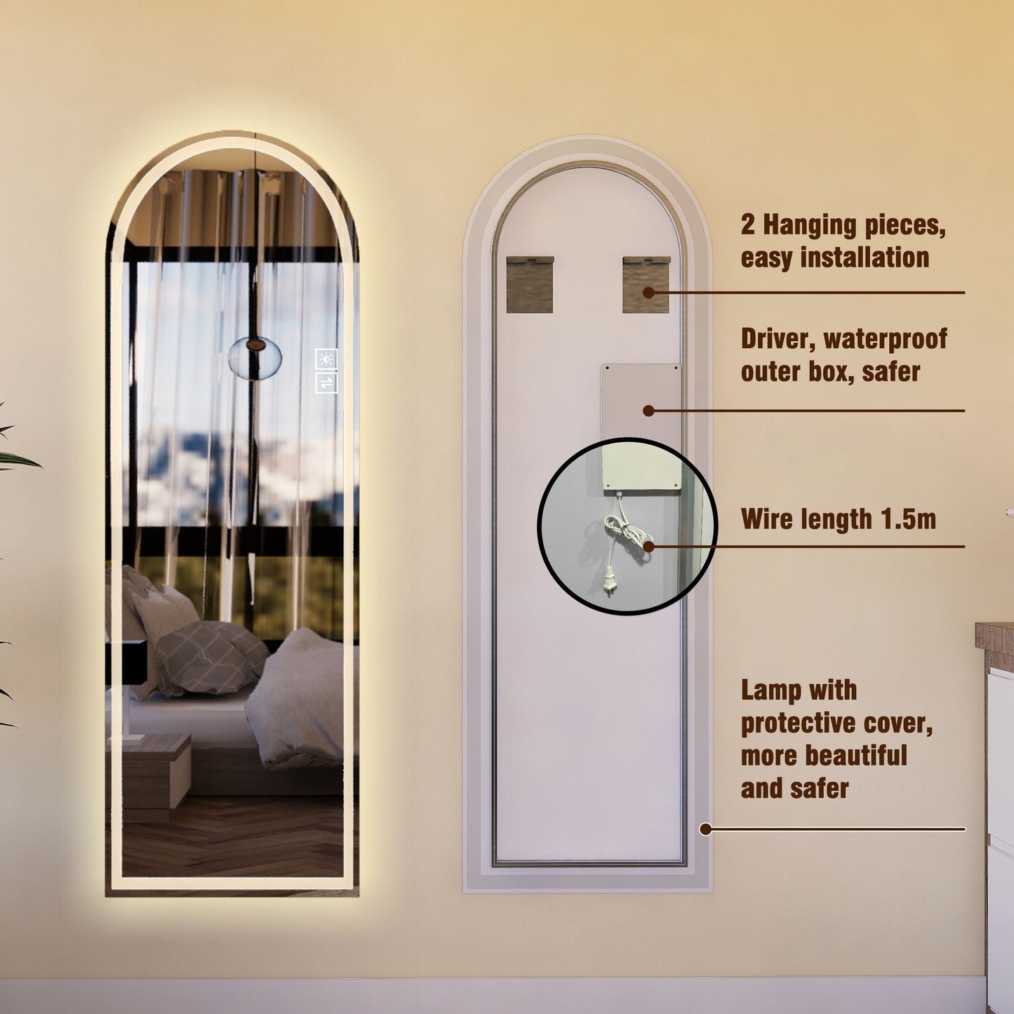 Arch Design LED Full Length Mirror, Dimmable, High Definition, Explosion Proof, 65" X 21" - Silver