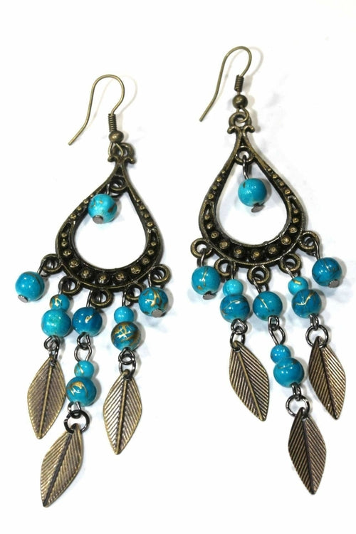 Free Spirit Leaf Dangle Earrings Boho Green Bead Brass