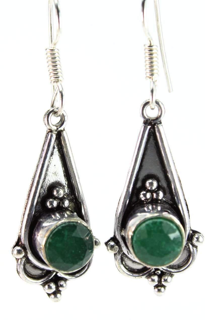 Green Cabochon Drop Earrings Vintage Silver Tone Dangle