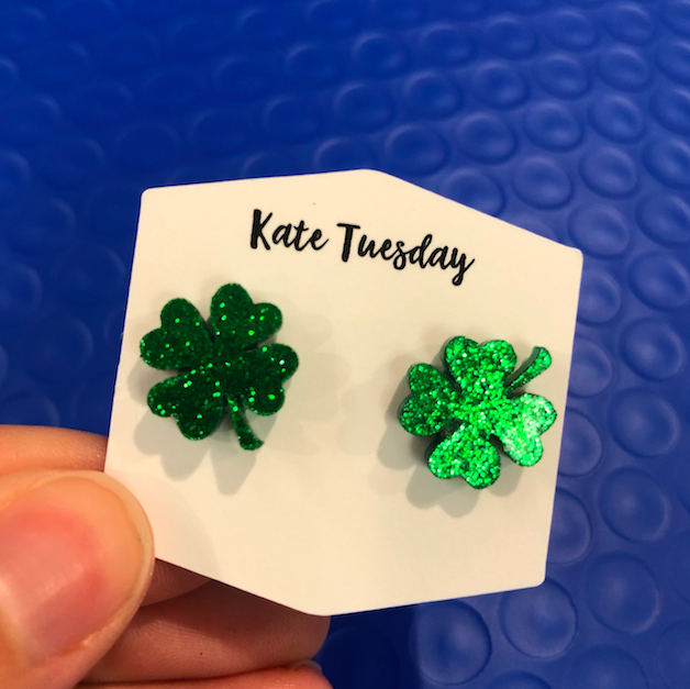 Green Glitter Acrylic Four Leaf Clover Stud Earrings