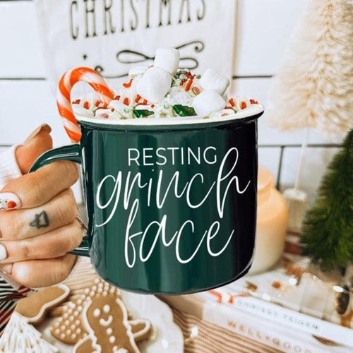 Grinch Face Mug 14.5oz Ceramic Campfire Mug Red Green Funny Holiday Coffee Cup