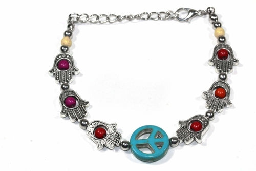 Hamsa Hand Peace Bracelet Adjustable Beaded Silver Charm