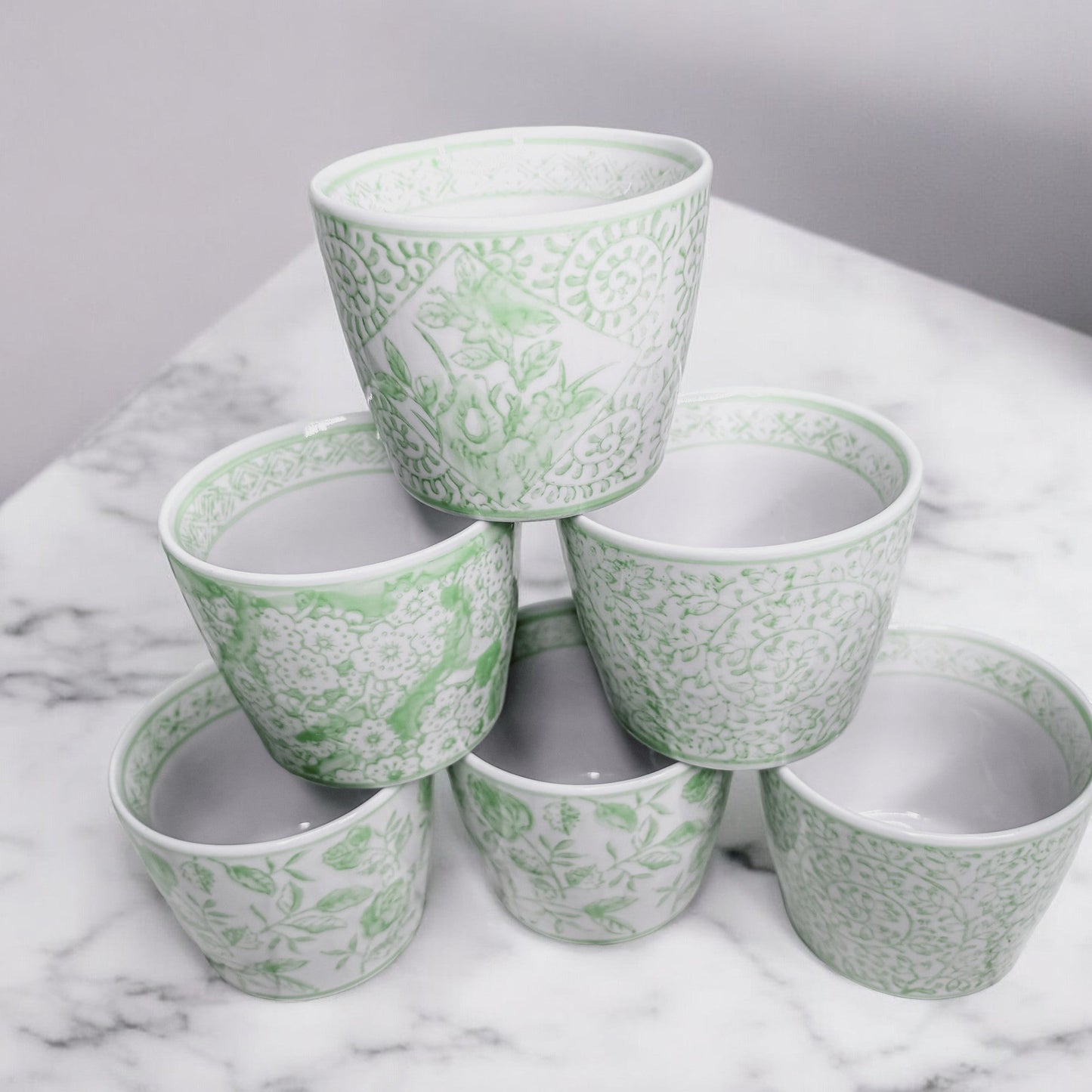 Mini Green Porcelain Cachepots Set Of 6 Hand-Painted Decorative Planters
