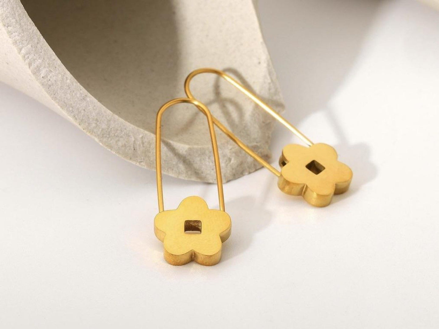 Pink Floral Drop Earrings Gold Plated Dainty Flower