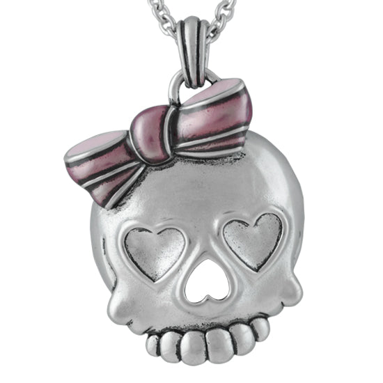 Pink Skull Necklace Cute Heart Eyes Pendant Silver Chain