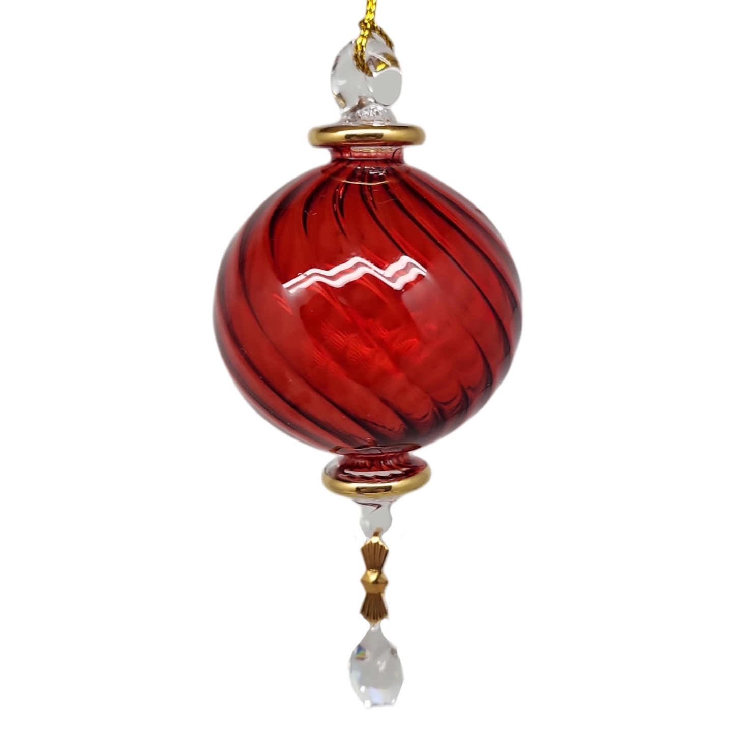 Small Sphere Glass With Ribbed Groove and Gold Accents - Christmas Red