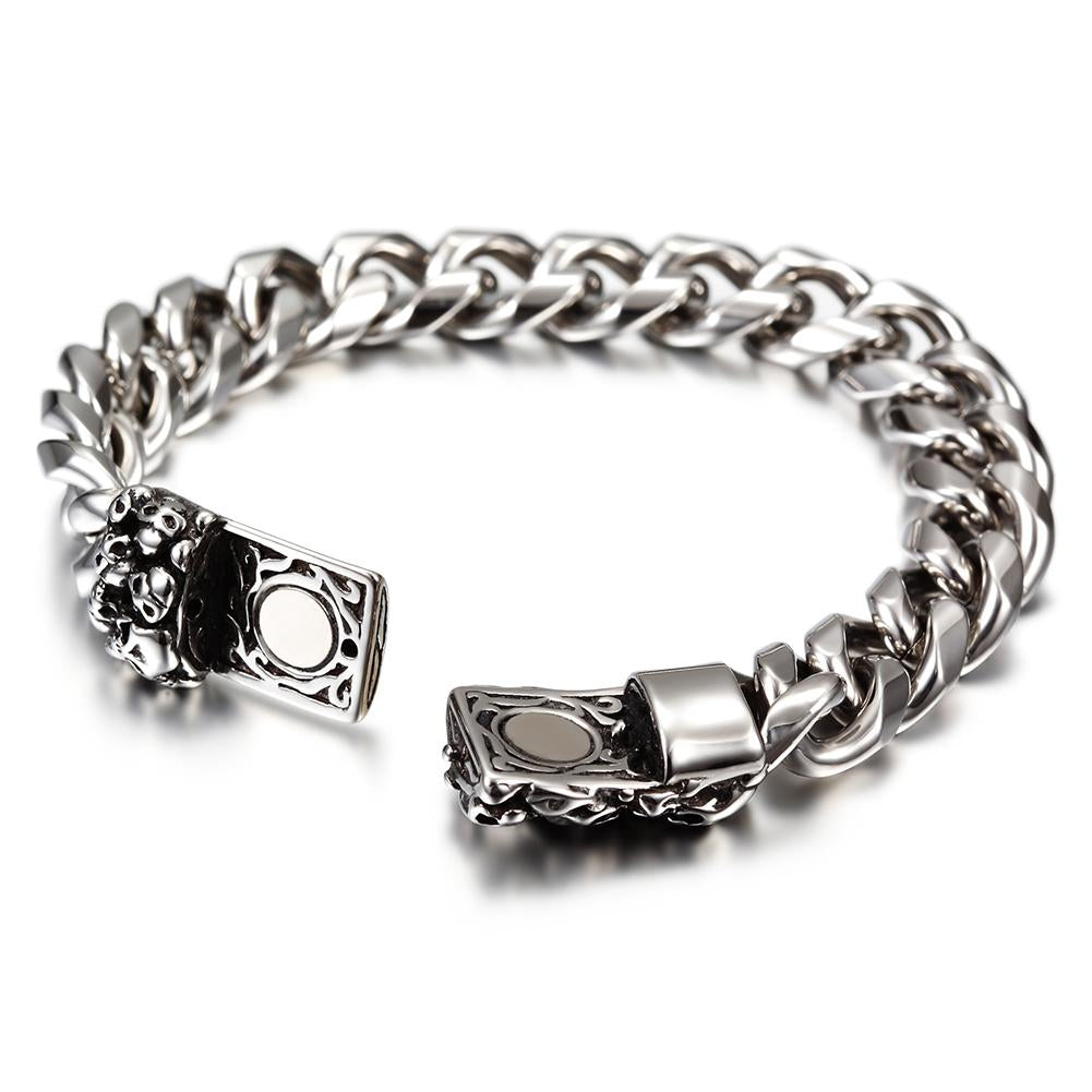 Skull Chain Bracelet Mens Stainless Steel Heavy Cuban Link