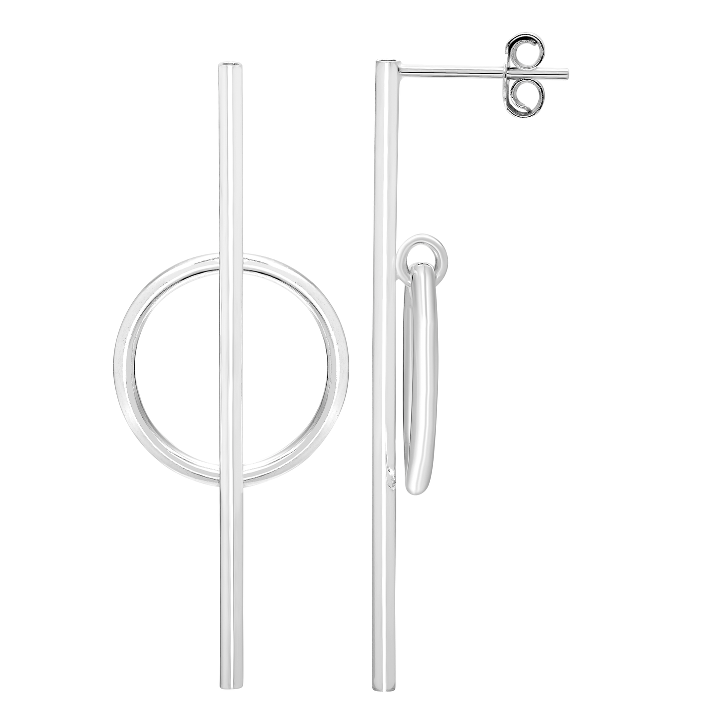 Sterling Silver Long Line Circle Stud Earrings Minimal