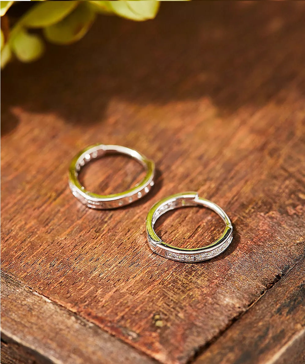 Sterling Silver Single Row Huggie Earrings Small Hoop
