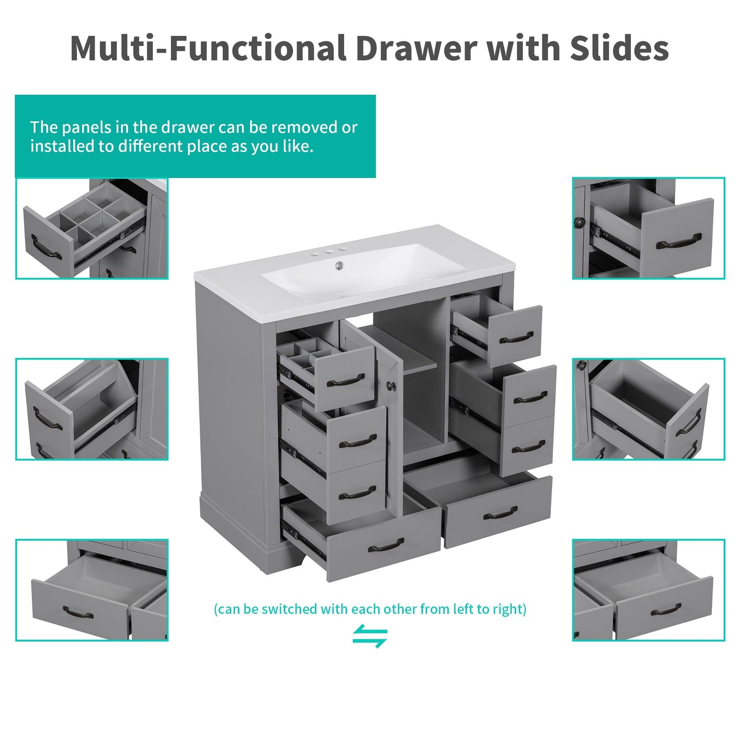 36" Bathroom Vanity Without Sink, Cabinet Base Only, 6 Drawers, Multi Functional Drawer Divider, Adjustable Shelf - Gray