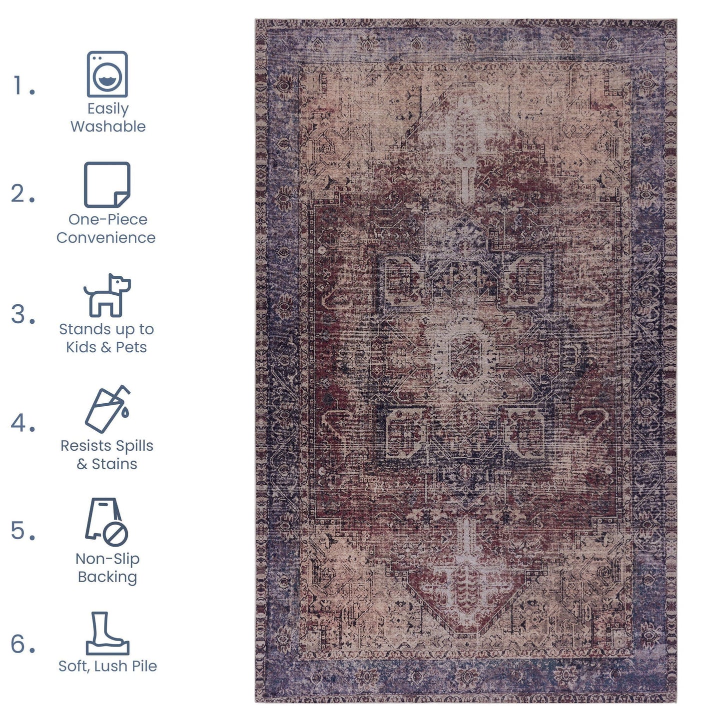 Maval - 6' X 9' Washable Area Rug - Burgundy