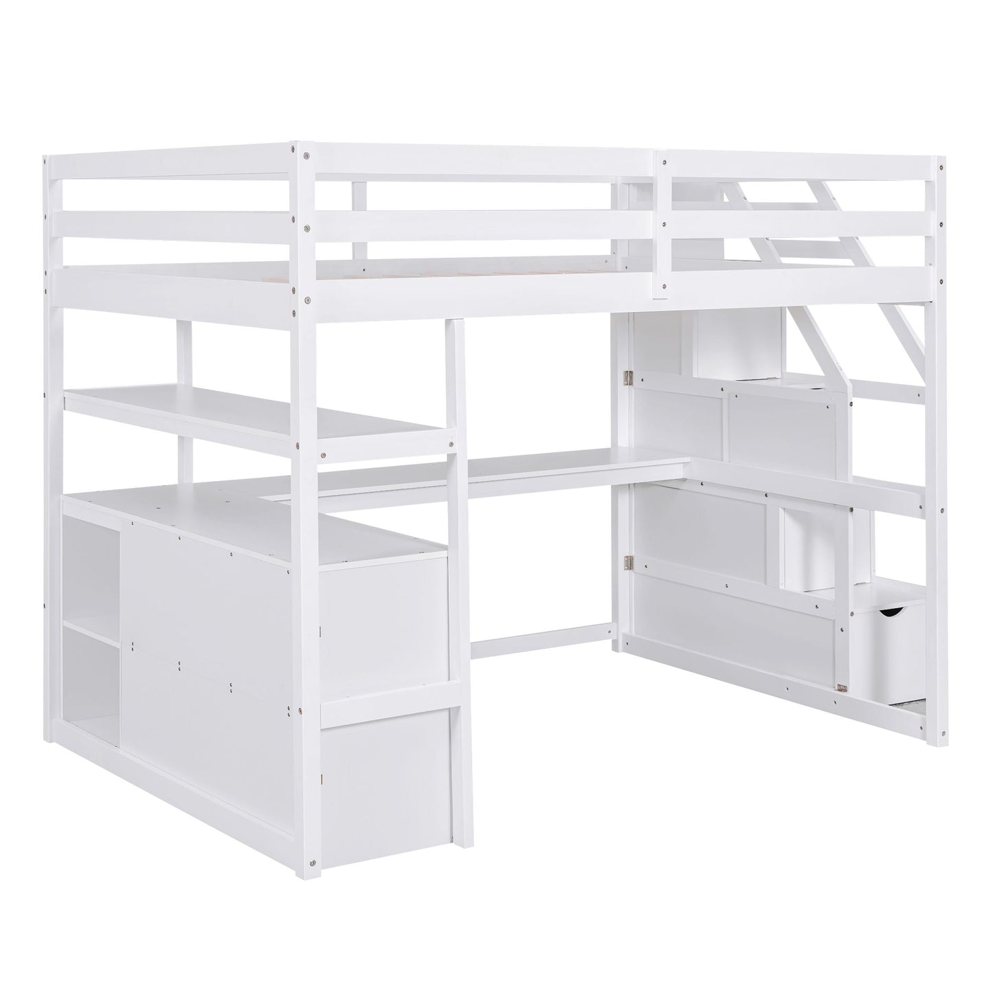 Loft Bed With Desk, Shelves, 2 Drawers, Storage Staircase