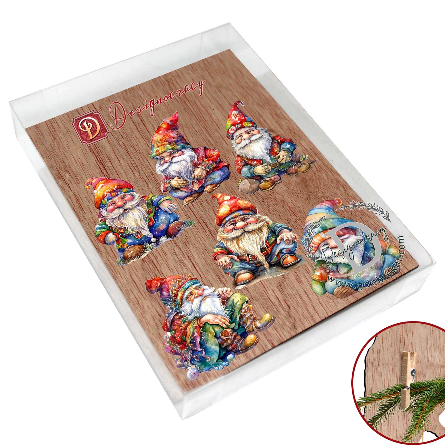 Christmas Gnomes Clip-On Eco Wood Decorative Ornaments Set by G. Debrekht - Christmas Decor - 8090031C-S6