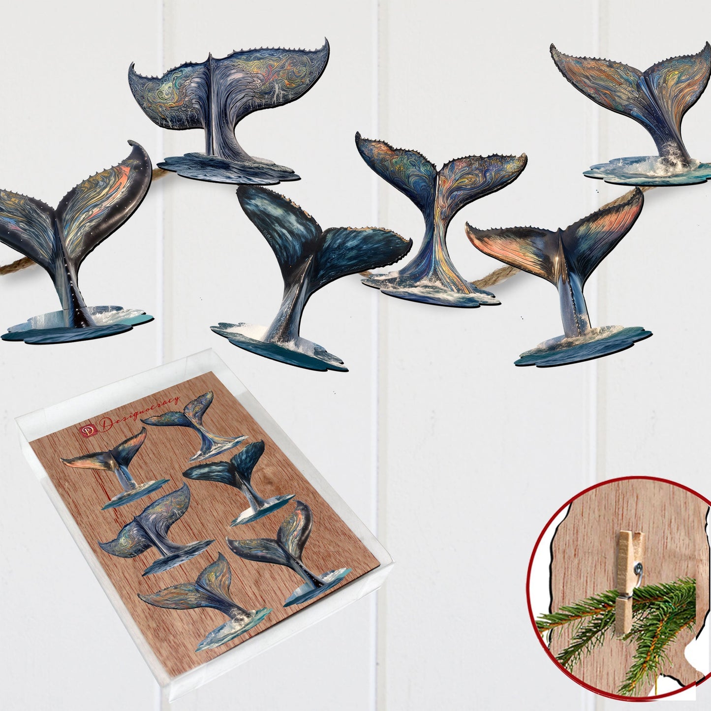 Vibrant Whale Stories Clip-On Eco Wood Decorative Ornaments Set of 6 by G. Debrekht - Wildlife Decor - 8090104C-S6