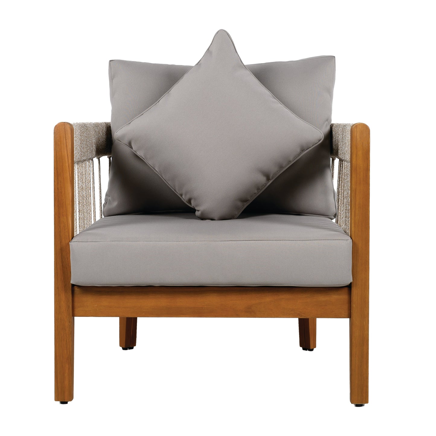 Acacia Wood Outdoor Club Chair with Handwoven Rope Accents & Curved Backrest