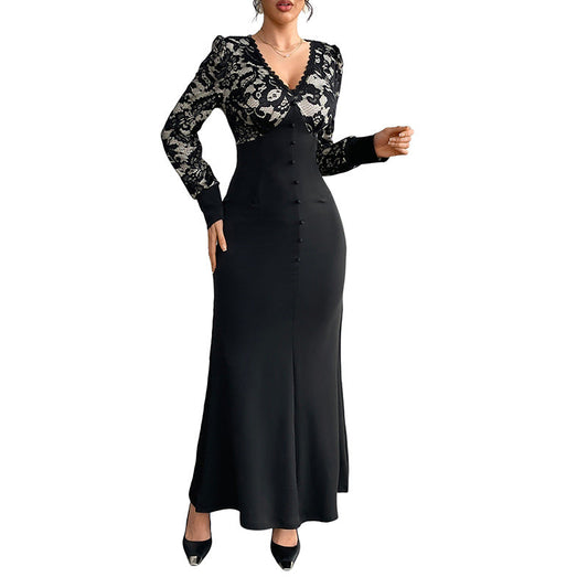 Sexy Retro Lace Splicing Long Sleeve V-neck Dress for Evening and Date